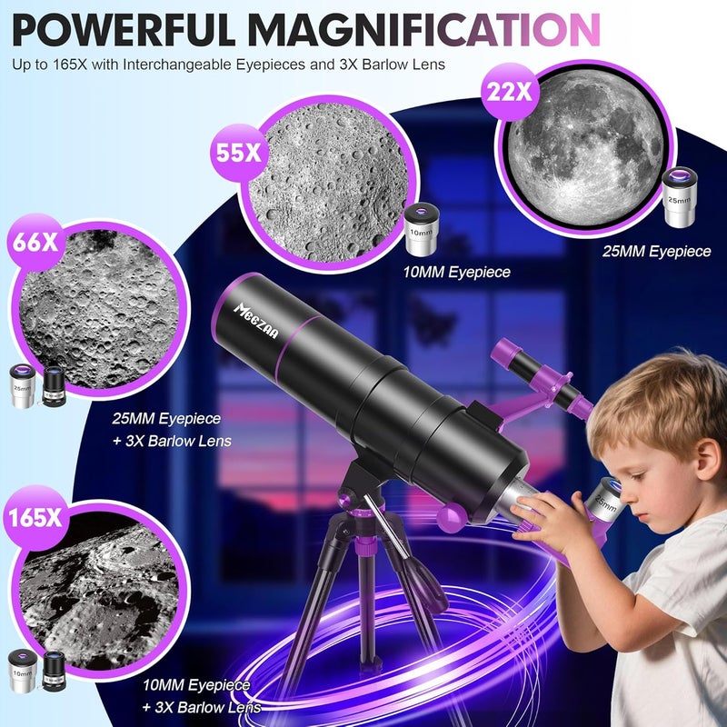 MEEZAA Telescope, Telescope for Adults High Powered, 90mm Aperture 550mm Portable Professional Refractor Telescopes for Kids & Astronomy Beginners with Tripod, Phone Adapter, Carry Bag & Moon Filter - Image 3